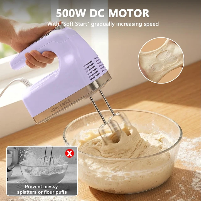 Alt view image 7 of 7 - 9-Speed Digital Hand Mixer Electric Handheld, 500W DC Motor | Kitchen Mixer for Cake Baking, Lightweight Egg Beaters with Stain-resistant & Waterproof Storage Bag & 6 Accessories, Purple