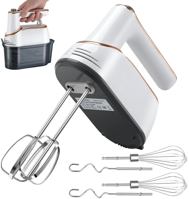 Main image of handheld mixer, 5-speed electric turbocharged, white, powerful 400W copper motor, 6 stainless steel accessories,