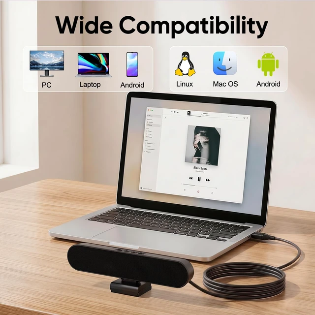 Alt view image 6 of 6 - Computer Speakers for Desktop PC Monitor, USB Wired Computer Sound Bar with Clip, Plug and Play Laptop Speaker for PC Mac Tablet, Loud Sound, USB A to USB C, Easily Clamps to Monitors