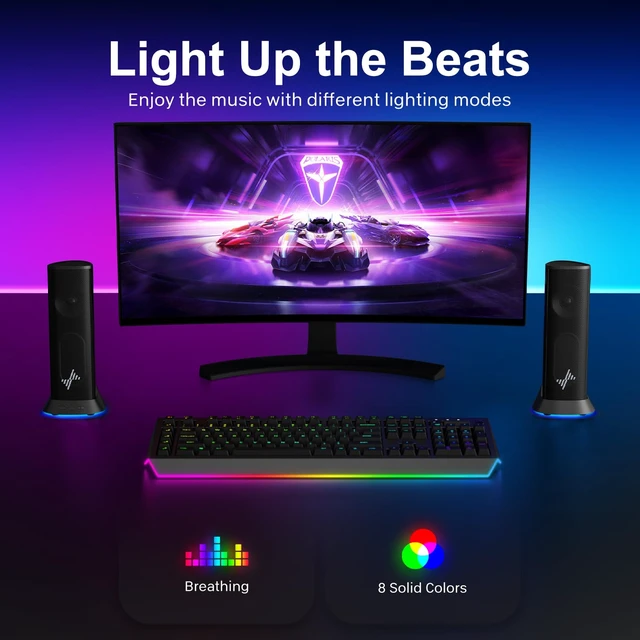 Alt view image 3 of 6 - Computer Speakers for Desktop PC, Plug-and-Play RGB PC Speakers | Dual Passive Radiators for Balanced Sound, 9 RGB LED Lights, USB Power & 3.5mm AUX Audio Speakers for Monitor, Laptop&Desktop