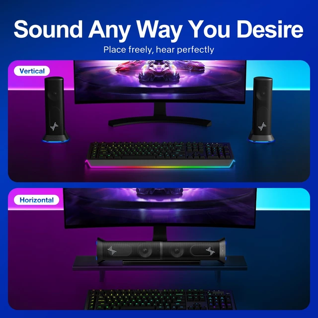 Alt view image 5 of 6 - Computer Speakers for Desktop PC, Plug-and-Play RGB PC Speakers | Dual Passive Radiators for Balanced Sound, 9 RGB LED Lights, USB Power & 3.5mm AUX Audio Speakers for Monitor, Laptop&Desktop