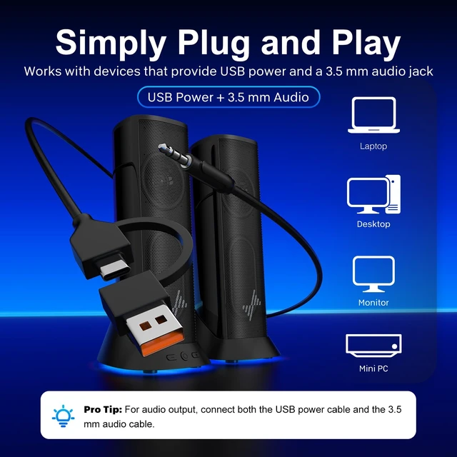 Alt view image 4 of 6 - Computer Speakers for Desktop PC, Plug-and-Play RGB PC Speakers | Dual Passive Radiators for Balanced Sound, 9 RGB LED Lights, USB Power & 3.5mm AUX Audio Speakers for Monitor, Laptop&Desktop