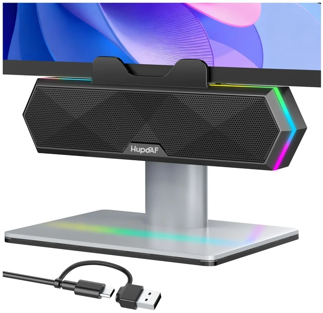 Main image of Computer Speakers for Desktop PC, Clip-On Monitor Speaker, Cool RGB Lights | External Speakers for Laptop, USB Plug-and-Play, Stereo Loud Sound, Deep Bass, Mini Soundbar for PC/Desktop, Easy Controls
