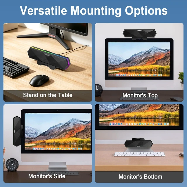 Alt view image 6 of 7 - Computer Speakers for Desktop PC, Clip-On Monitor Speaker, Cool RGB Lights | External Speakers for Laptop, USB Plug-and-Play, Stereo Loud Sound, Deep Bass, Mini Soundbar for PC/Desktop, Easy Controls