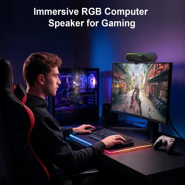 Alt view image 7 of 7 - Computer Speakers for Desktop PC, Clip-On Monitor Speaker, Cool RGB Lights | External Speakers for Laptop, USB Plug-and-Play, Stereo Loud Sound, Deep Bass, Mini Soundbar for PC/Desktop, Easy Controls
