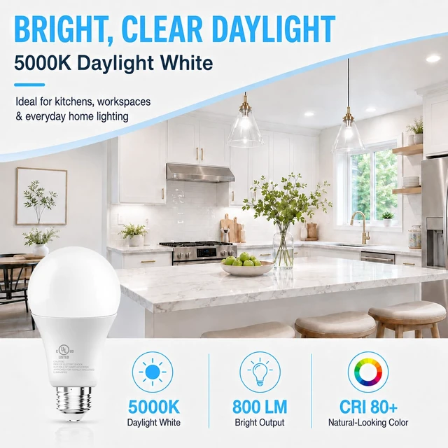 Alt view image 3 of 6 - 6 Pack A19 LED Bulbs, 60W Equivalent, Daylight White 5000K | 800LM, E26 Standard Base, 9W Energy Saving Light Bulbs, Non-Dimmable, UL Listed, Replacement Lighting for Home and Office