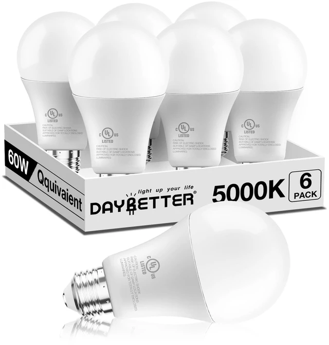 Main image of 6 Pack A19 LED Bulbs, 60W Equivalent, Daylight White 5000K | 800LM, E26 Standard Base, 9W Energy Saving Light Bulbs, Non-Dimmable, UL Listed, Replacement Lighting for Home and Office