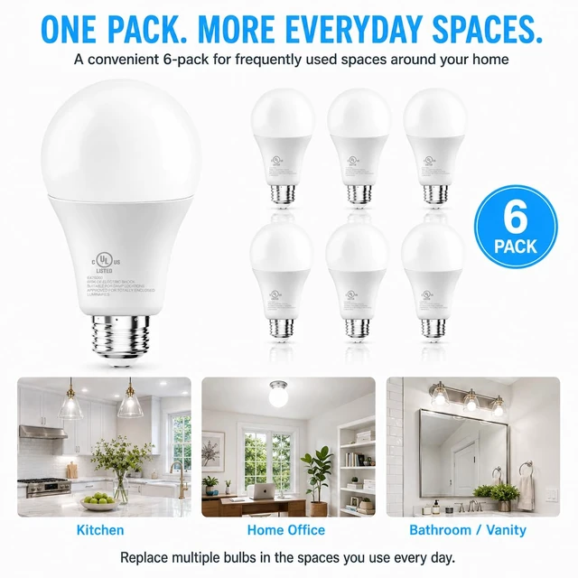 Alt view image 5 of 6 - 6 Pack A19 LED Bulbs, 60W Equivalent, Daylight White 5000K | 800LM, E26 Standard Base, 9W Energy Saving Light Bulbs, Non-Dimmable, UL Listed, Replacement Lighting for Home and Office