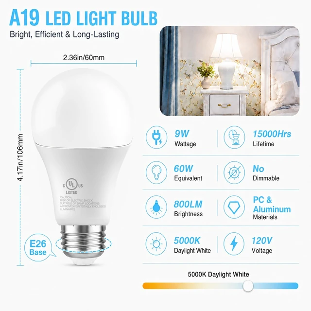 Alt view image 2 of 6 - 6 Pack A19 LED Bulbs, 60W Equivalent, Daylight White 5000K | 800LM, E26 Standard Base, 9W Energy Saving Light Bulbs, Non-Dimmable, UL Listed, Replacement Lighting for Home and Office