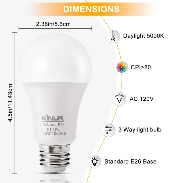 Alt view image 3 of 7 - LED 3-Way Light Bulbs 30/70/100 Watt Equivalent, 5000K Daylight, A19 E26 Base, 500lm-800lm-1200lm, 3-Way Dimmable Light Bulbs for Reading, Living Room, Office, Kitchen (2 Pack)
