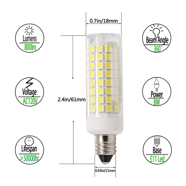 Alt view image 3 of 7 - E11 Mini Candelabra led,Dimmable 8W,80W Halogen Bulb Replacement,E11 Led Bulb,800LM,AC110V-130V,JD T3/T4,White 6000k,for Indoor Decorative Lighting(2 Packs)