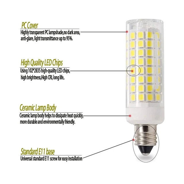 Alt view image 4 of 7 - E11 Mini Candelabra led,Dimmable 8W,80W Halogen Bulb Replacement,E11 Led Bulb,800LM,AC110V-130V,JD T3/T4,White 6000k,for Indoor Decorative Lighting(2 Packs)