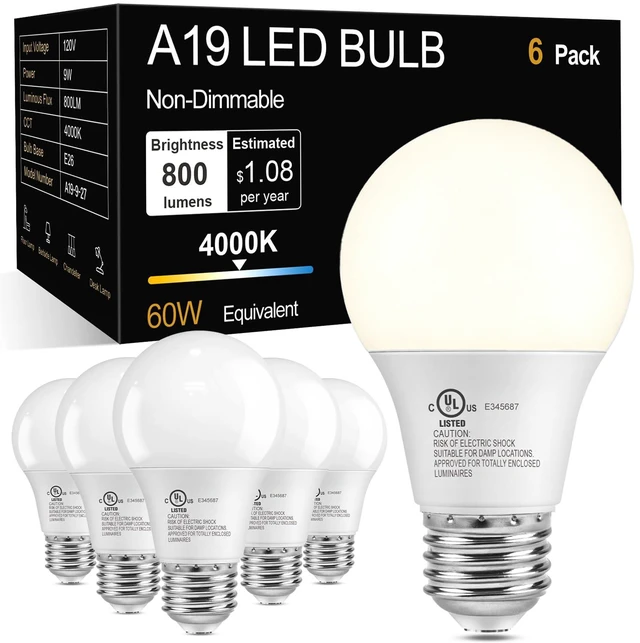 Main image of A19 LED Light Bulbs, 4000K Cool Neutral White,60W Eq,E26 Standard Base | 9W Energy Saving 85% Efficient, 800LM, Medium Base Lightbulbs for Home Indoor Lamps, CRI 88+, UL, 120V, Non-Dimmable, 6 Pack