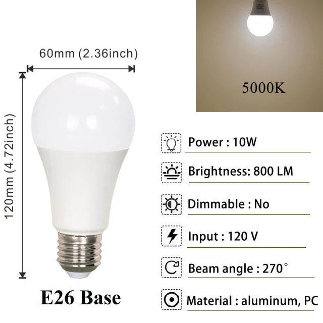 Alt view image 2 of 5 - A19 LED Light Bulb Daylight 5000K 800LM Energy Efficient 60 Watt Equivalent