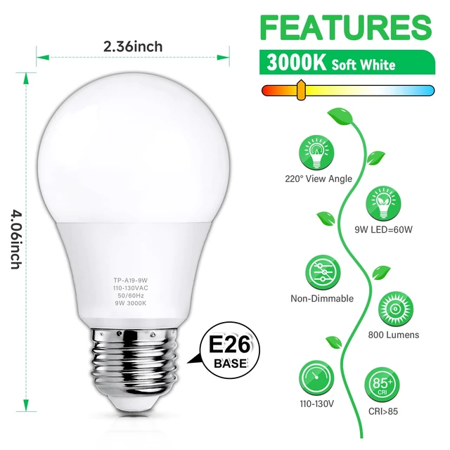 Alt view image 2 of 7 - 6 Pack A19 LED Light Bulbs 60W Equivalent Soft White 3000K | Efficient 9W Energy Saving LED Bulb, Standard E26 Base, Bright Lightbulb 800LM, CRI85+, Non-Dimmable, Bedroom Living Room
