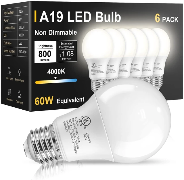 Main image of 6 Pack LED Light Bulbs 60 Watt Equivalent, Natural White 4000K A19 | Efficient 9W, E26 Standard Base, 800 LM Energy Saving Lightbulbs for Home Bedroom Living Room Office, Non-Dimmable, UL Listed