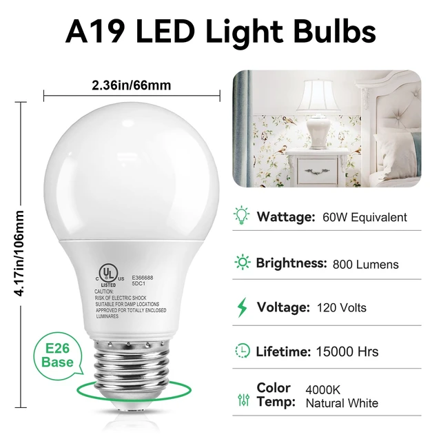 Alt view image 2 of 7 - 6 Pack LED Light Bulbs 60 Watt Equivalent, Natural White 4000K A19 | Efficient 9W, E26 Standard Base, 800 LM Energy Saving Lightbulbs for Home Bedroom Living Room Office, Non-Dimmable, UL Listed