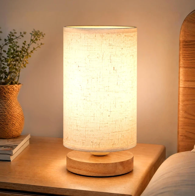 Main image of Small Bedside Table Lamp for Bedroom, Inline Switch, Wood Base | Round Linen Fabric Shade, Minimalist Design, 9" Compact Desk Lamp for Living Room, Nightstand, Kids Room, Dorm or Office