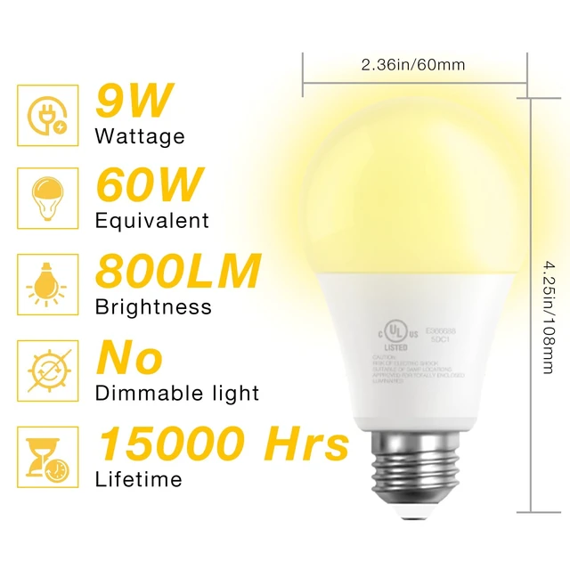 Alt view image 2 of 7 - A19 LED Light Bulbs, 60 Watt Equivalent LED Bulbs, Long Lifespan High Brightness 800LM Warm White 2700K, E26 Standard Base Light Bulbs for Home Bedroom Office, Non-Dimmable, 12 Pack