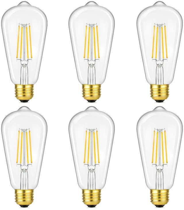 Main image of Dimmable Vintage LED Edison Bulbs 60W Equivalent, 6-Pack 6W 800LM Bright ST58 2700K Warm White Antique LED Filament Bulbs, E26 Medium Base, 90+ CRI, Clear Glass Decorative Light Bulbs for Home, Office