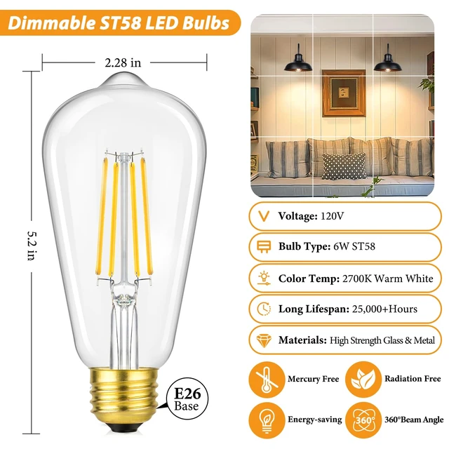 Alt view image 2 of 7 - Dimmable Vintage LED Edison Bulbs 60W Equivalent, 6-Pack 6W 800LM Bright ST58 2700K Warm White Antique LED Filament Bulbs, E26 Medium Base, 90+ CRI, Clear Glass Decorative Light Bulbs for Home, Office
