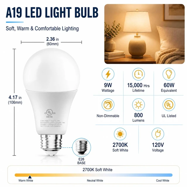 Alt view image 2 of 6 - 12 Pack A19 LED Bulbs, 60W Equivalent, Warm White 2700K | 800LM, E26 Standard Base, 9W Energy Saving Light Bulbs, Non-Dimmable, UL Listed, Replacement Lighting for Home and Office