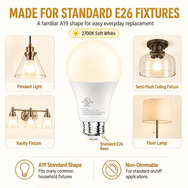 Alt view image 6 of 6 - 12 Pack A19 LED Bulbs, 60W Equivalent, Warm White 2700K | 800LM, E26 Standard Base, 9W Energy Saving Light Bulbs, Non-Dimmable, UL Listed, Replacement Lighting for Home and Office