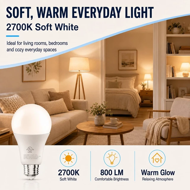 Alt view image 3 of 6 - 12 Pack A19 LED Bulbs, 60W Equivalent, Warm White 2700K | 800LM, E26 Standard Base, 9W Energy Saving Light Bulbs, Non-Dimmable, UL Listed, Replacement Lighting for Home and Office
