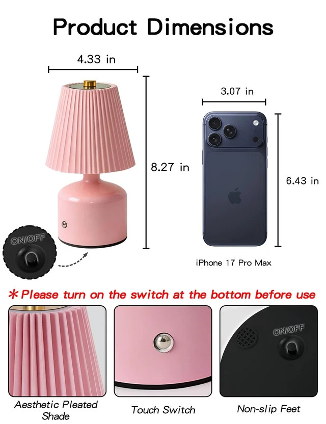 Alt view image 2 of 7 - Table Lamp for Bedroom, Small Bedside Lamp Warm Light Touch Nightstand Lamp | Pink Lamp with 3 Color Stepless Dimming, Pleated Shade & Metal Base, Cozy Light for Living Room, Bookshelf, Dorm
