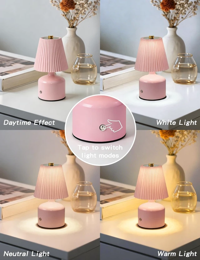 Alt view image 3 of 7 - Table Lamp for Bedroom, Small Bedside Lamp Warm Light Touch Nightstand Lamp | Pink Lamp with 3 Color Stepless Dimming, Pleated Shade & Metal Base, Cozy Light for Living Room, Bookshelf, Dorm