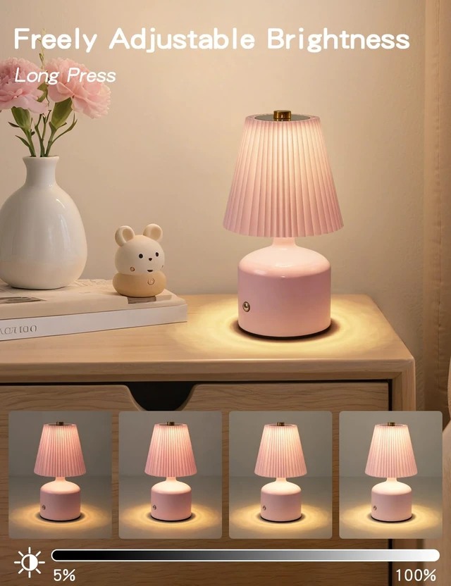 Alt view image 4 of 7 - Table Lamp for Bedroom, Small Bedside Lamp Warm Light Touch Nightstand Lamp | Pink Lamp with 3 Color Stepless Dimming, Pleated Shade & Metal Base, Cozy Light for Living Room, Bookshelf, Dorm