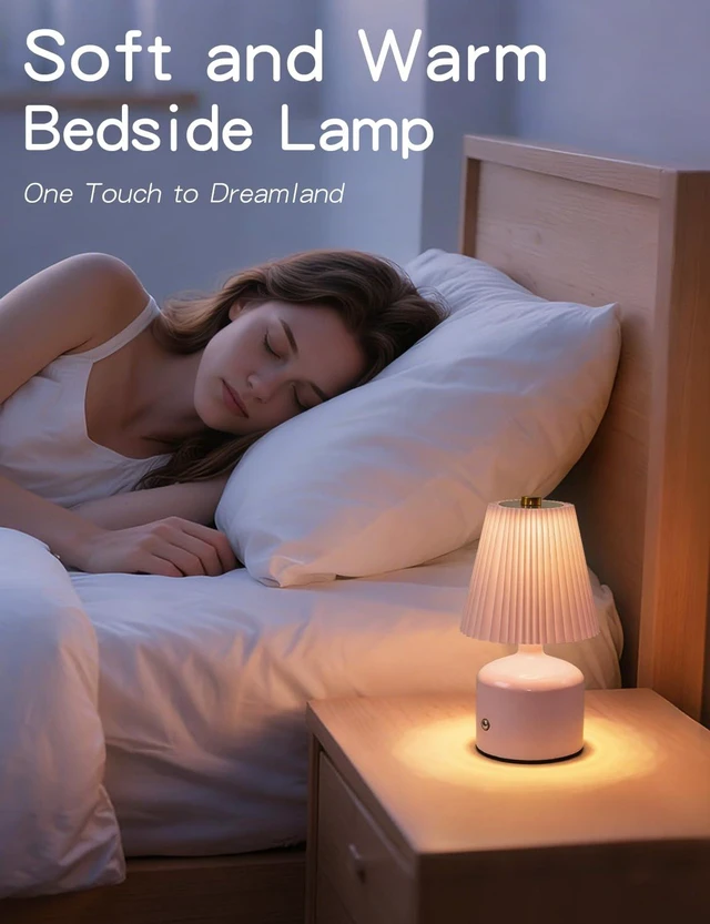 Alt view image 5 of 7 - Table Lamp for Bedroom, Small Bedside Lamp Warm Light Touch Nightstand Lamp | Pink Lamp with 3 Color Stepless Dimming, Pleated Shade & Metal Base, Cozy Light for Living Room, Bookshelf, Dorm