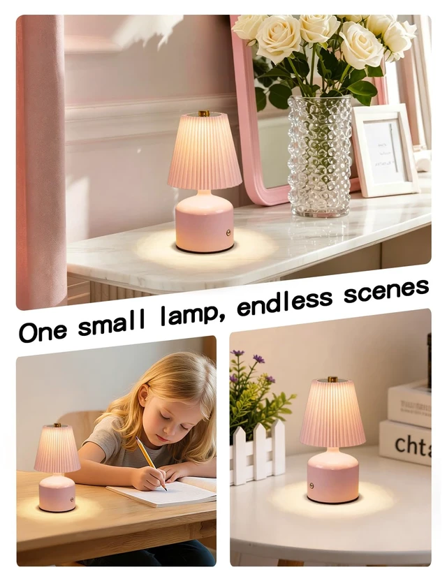 Alt view image 6 of 7 - Table Lamp for Bedroom, Small Bedside Lamp Warm Light Touch Nightstand Lamp | Pink Lamp with 3 Color Stepless Dimming, Pleated Shade & Metal Base, Cozy Light for Living Room, Bookshelf, Dorm