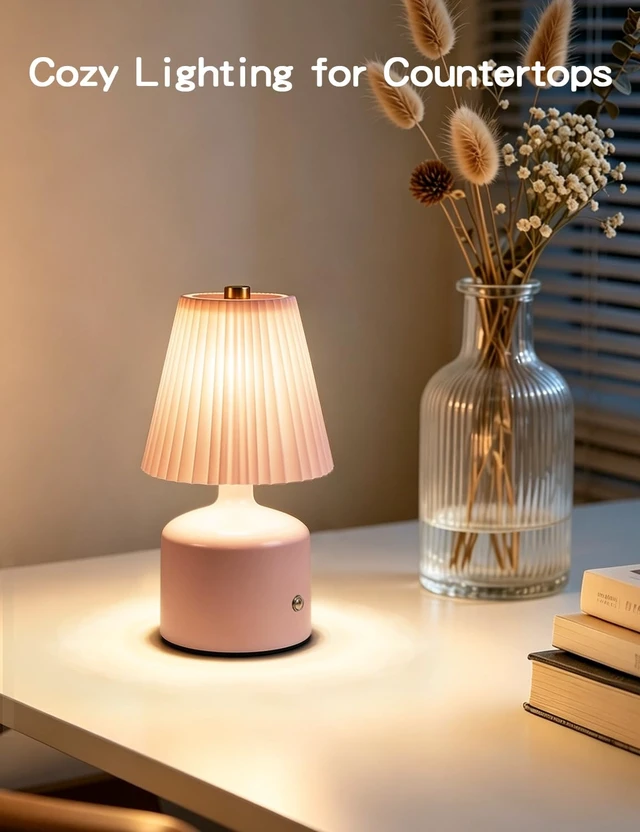 Alt view image 7 of 7 - Table Lamp for Bedroom, Small Bedside Lamp Warm Light Touch Nightstand Lamp | Pink Lamp with 3 Color Stepless Dimming, Pleated Shade & Metal Base, Cozy Light for Living Room, Bookshelf, Dorm