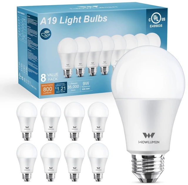 Main image of A19 LED Light Bulb,9W E26 Light Bulbs(60 Watt Equivalent),5000K Cool White,Non-Dimmable,800LM Standard Base for Bedroom, Kitchen, Living Room, Office,UL Listed,8 Packs