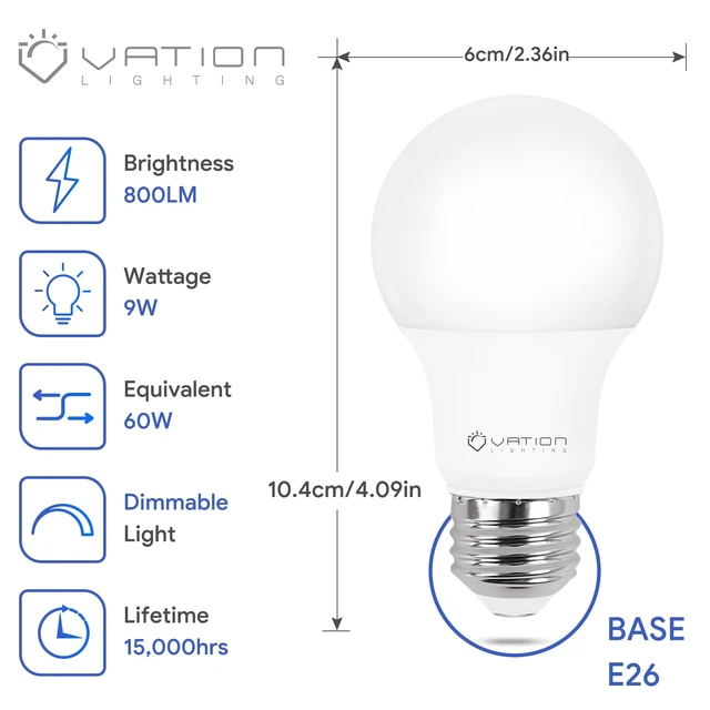 Alt view image 2 of 7 - A19 Dimmable LED Light Bulbs, 60 Watt Equivalent 9W, 3000K Warmwhite, 800LM E26 Medium Base, 1,5000 Hour Lifespan, Energy Saving Light Bulbs for Bedroom Living Room Home OfficeETL/UL Listed, 12 Pack