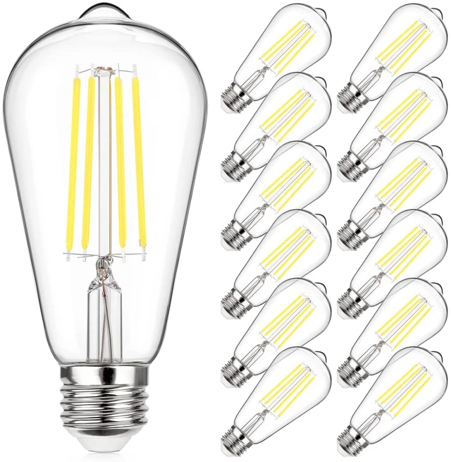 Main image of Vintage LED Edison Bulbs 60 Watt Equivalent, 6W E26 Led Bulb | Non-Dimmable, 800LM 5000K Daylight White, ST58 Antique LED Filament Bulbs, Clear Glass, E26 Medium Base, 12-Pack