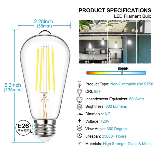 Alt view image 2 of 7 - Vintage LED Edison Bulbs 60 Watt Equivalent, 6W E26 Led Bulb | Non-Dimmable, 800LM 5000K Daylight White, ST58 Antique LED Filament Bulbs, Clear Glass, E26 Medium Base, 12-Pack