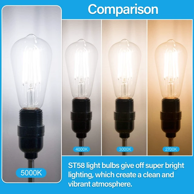 Alt view image 6 of 7 - Vintage LED Edison Bulbs 60 Watt Equivalent, 6W E26 Led Bulb | Non-Dimmable, 800LM 5000K Daylight White, ST58 Antique LED Filament Bulbs, Clear Glass, E26 Medium Base, 12-Pack