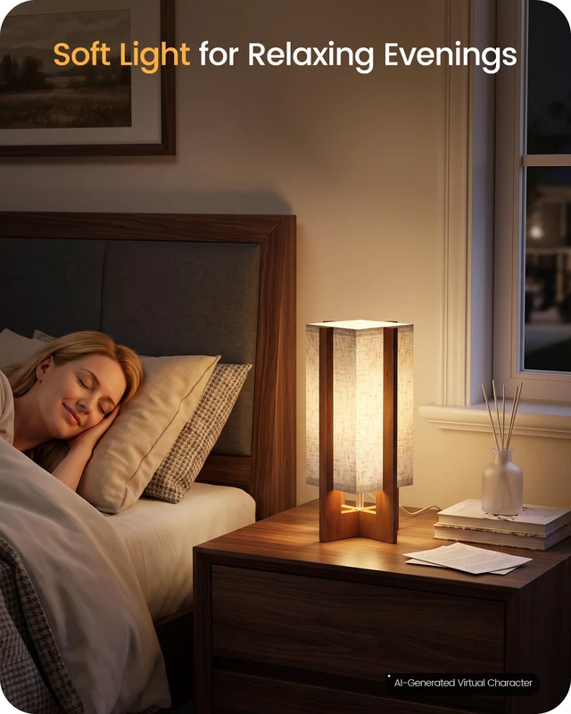 Alt view image 2 of 7 - Small Table Lamp, 13.4" Wood Table Lamp, Modern Bedside Lamp | Beige Linen Rectangular Shade, Four-Leg Wood Base, E26 Socket Nightstand Lamp for Bedroom, Living Room, Entryway LE19TL05