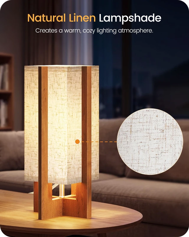 Alt view image 4 of 7 - Small Table Lamp, 13.4" Wood Table Lamp, Modern Bedside Lamp | Beige Linen Rectangular Shade, Four-Leg Wood Base, E26 Socket Nightstand Lamp for Bedroom, Living Room, Entryway LE19TL05