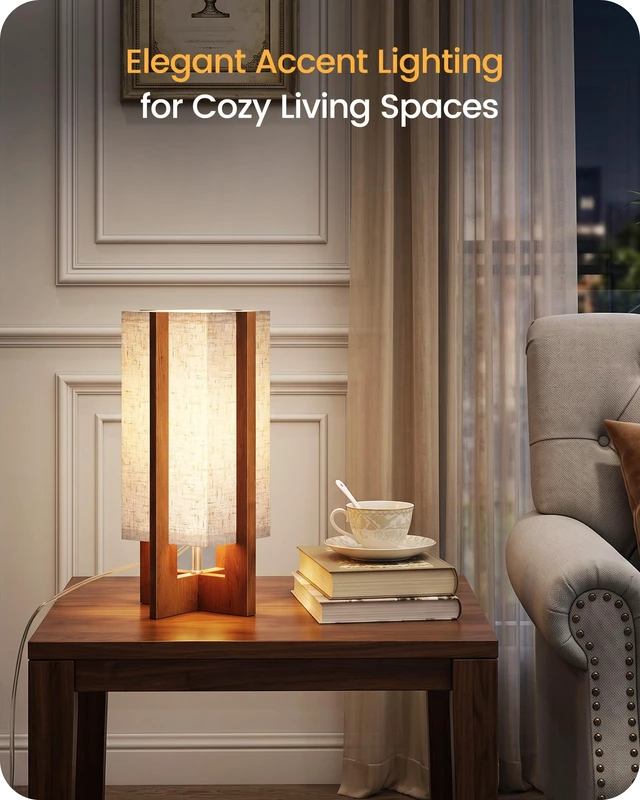 Alt view image 3 of 7 - Small Table Lamp, 13.4" Wood Table Lamp, Modern Bedside Lamp | Beige Linen Rectangular Shade, Four-Leg Wood Base, E26 Socket Nightstand Lamp for Bedroom, Living Room, Entryway LE19TL05