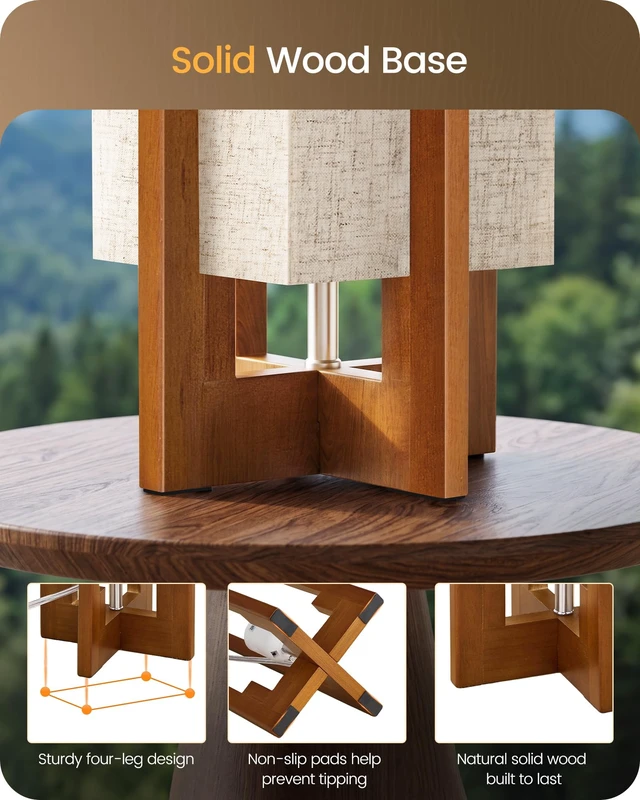 Alt view image 5 of 7 - Small Table Lamp, 13.4" Wood Table Lamp, Modern Bedside Lamp | Beige Linen Rectangular Shade, Four-Leg Wood Base, E26 Socket Nightstand Lamp for Bedroom, Living Room, Entryway LE19TL05