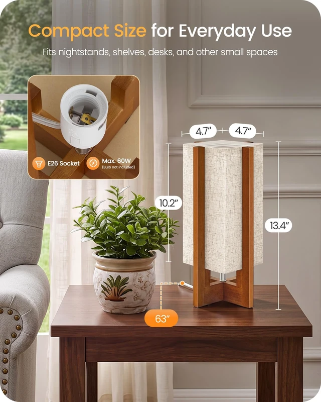 Alt view image 6 of 7 - Small Table Lamp, 13.4" Wood Table Lamp, Modern Bedside Lamp | Beige Linen Rectangular Shade, Four-Leg Wood Base, E26 Socket Nightstand Lamp for Bedroom, Living Room, Entryway LE19TL05