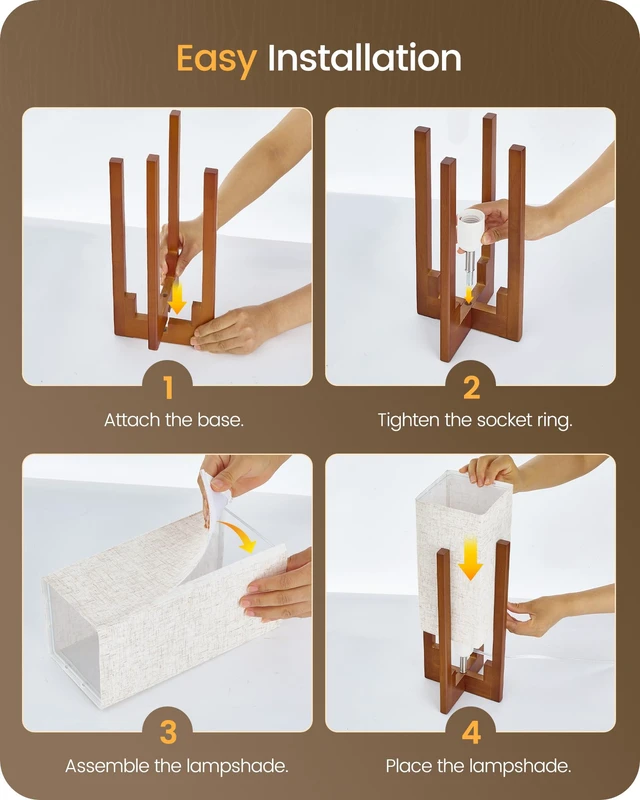Alt view image 7 of 7 - Small Table Lamp, 13.4" Wood Table Lamp, Modern Bedside Lamp | Beige Linen Rectangular Shade, Four-Leg Wood Base, E26 Socket Nightstand Lamp for Bedroom, Living Room, Entryway LE19TL05