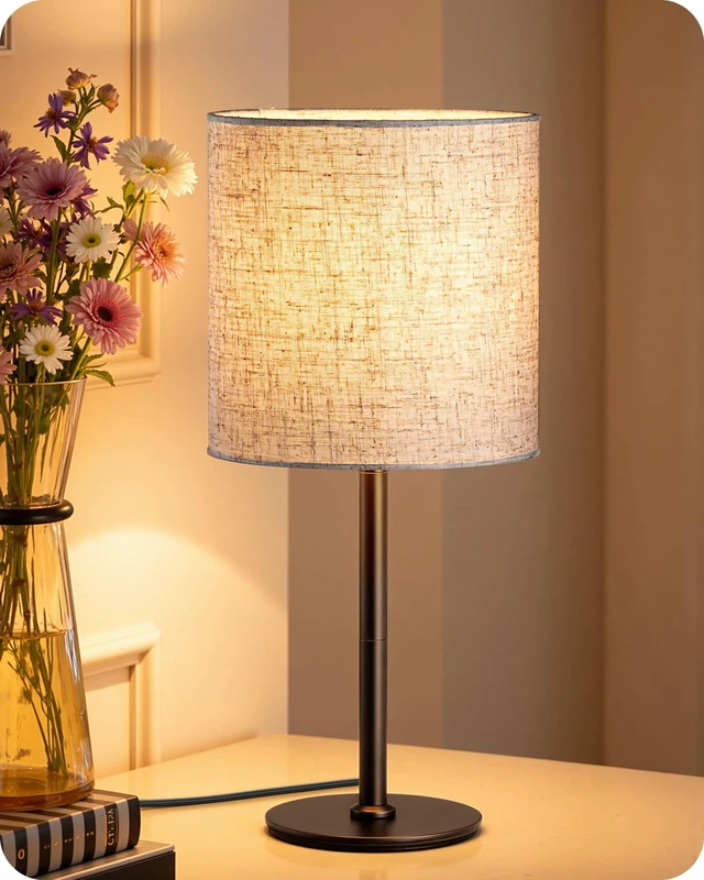 Main image of Small Table Lamp, Beige Linen Lampshade, E26 Socket, Metal Base | Inline ON-OFF Switch, 14.96" Boho Cute Bedside Lamp, Minimalist Nightstand Lamp for Bedroom, Living Room, Porch
