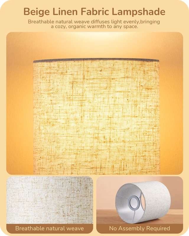 Alt view image 2 of 7 - Small Table Lamp, Beige Linen Lampshade, E26 Socket, Metal Base | Inline ON-OFF Switch, 14.96" Boho Cute Bedside Lamp, Minimalist Nightstand Lamp for Bedroom, Living Room, Porch