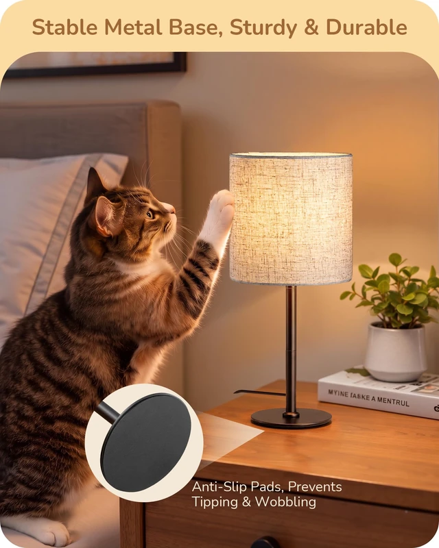 Alt view image 3 of 7 - Small Table Lamp, Beige Linen Lampshade, E26 Socket, Metal Base | Inline ON-OFF Switch, 14.96" Boho Cute Bedside Lamp, Minimalist Nightstand Lamp for Bedroom, Living Room, Porch