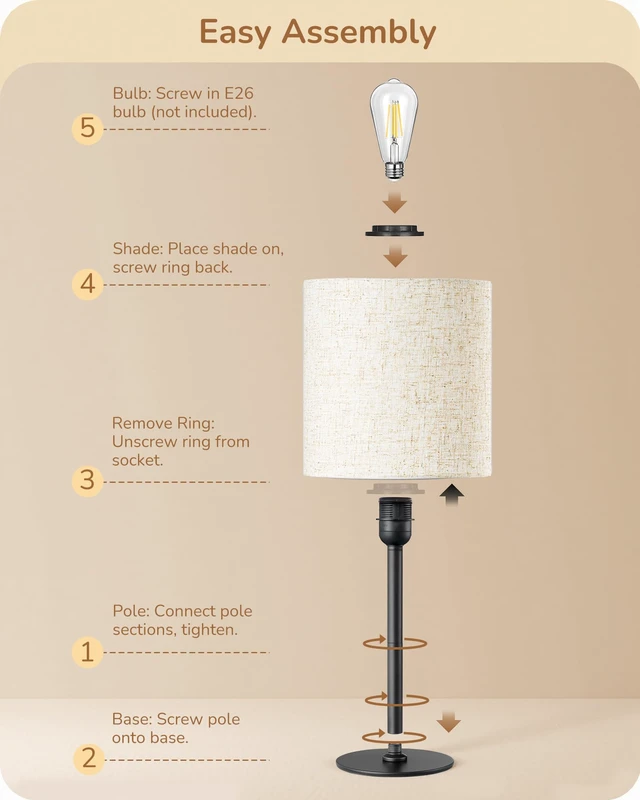 Alt view image 4 of 7 - Small Table Lamp, Beige Linen Lampshade, E26 Socket, Metal Base | Inline ON-OFF Switch, 14.96" Boho Cute Bedside Lamp, Minimalist Nightstand Lamp for Bedroom, Living Room, Porch