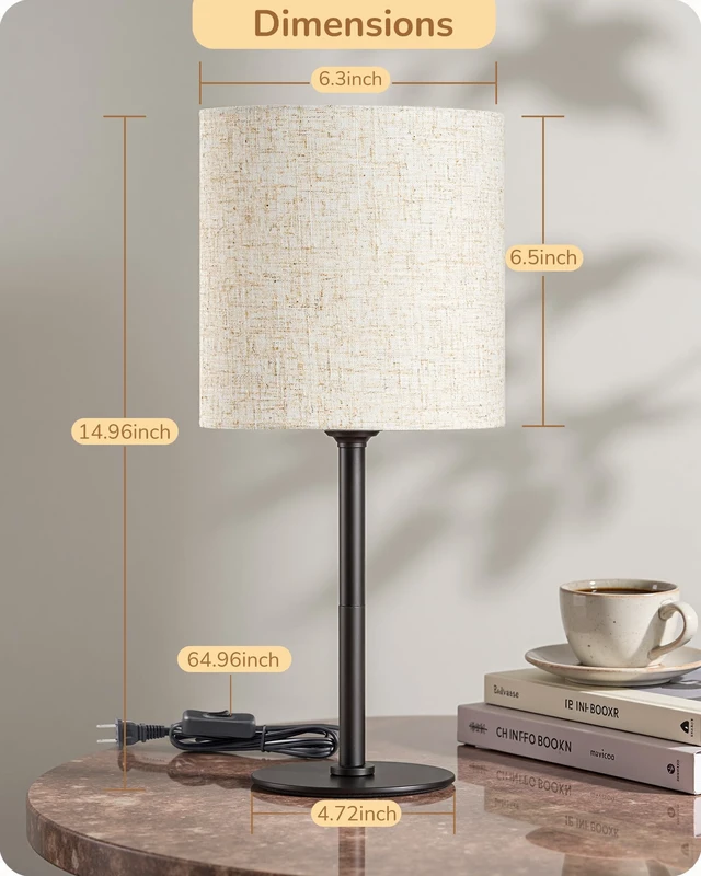 Alt view image 5 of 7 - Small Table Lamp, Beige Linen Lampshade, E26 Socket, Metal Base | Inline ON-OFF Switch, 14.96" Boho Cute Bedside Lamp, Minimalist Nightstand Lamp for Bedroom, Living Room, Porch